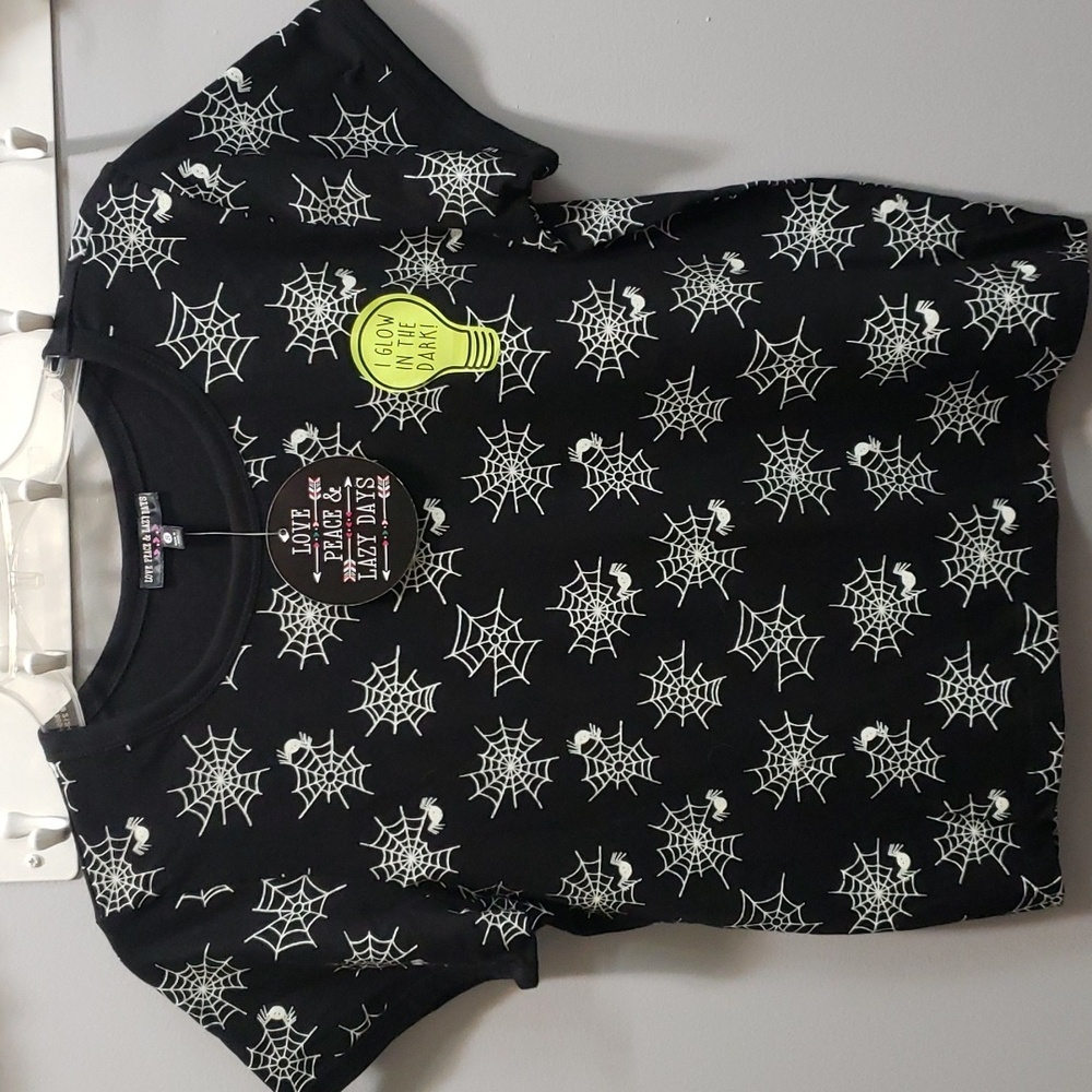 Love, Peace & Lazy Days Black Tshirt with Glow in the Dark Spiders and Webs, S